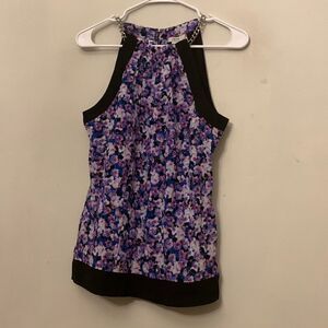 Cache floral purple halter top with silver chain straps Size S NWT